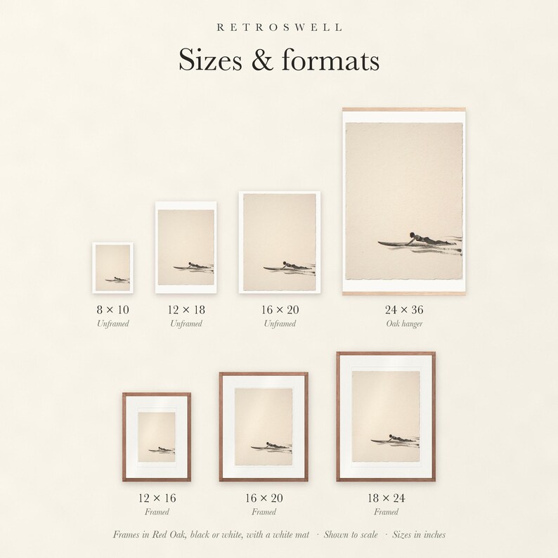 Sizes and formats for Paddling Surfer Ink Style, shown to scale: unframed prints, oak hanger and framed prints.