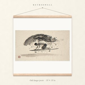 Surfer Duck Dive Xieyi Ink oak hanger poster, 18 by 18 inches, the painting centred on the paper with natural wood rails and a hanging cord.
