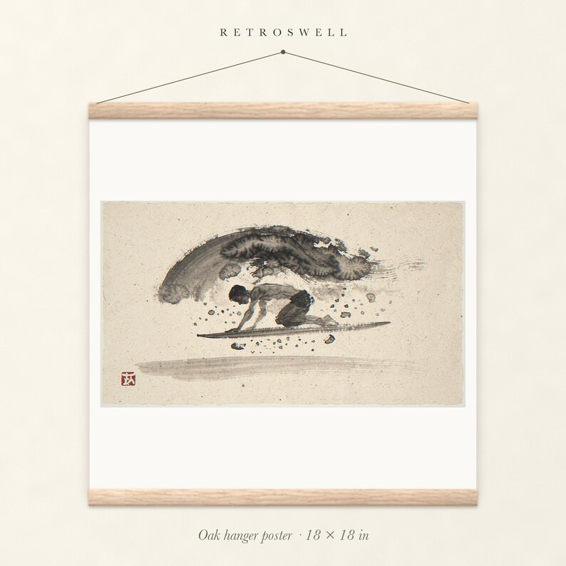 Surfer Duck Dive Xieyi Ink oak hanger poster, 18 by 18 inches, the painting centred on the paper with natural wood rails and a hanging cord.