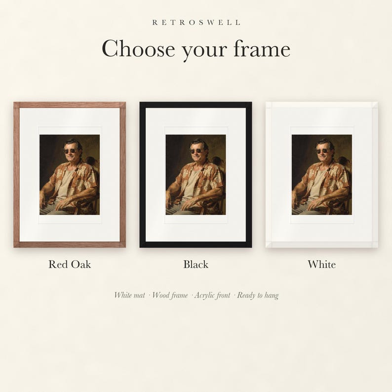 Frame options for James Monroe Surfer: Red Oak, black and white wood frames, each with a white mat.