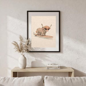Highland Cow Surfing Print, Cute Coastal Nursery Decor, Cow with Sunglasses on Longboard, Printable Wall Art Digital Download image 6