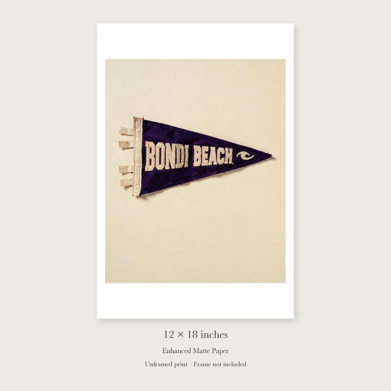 Bondi Beach, Sydney, Australia Surf Pennant unframed 12 by 18 inch print on enhanced matte paper, shown with its white paper border.
