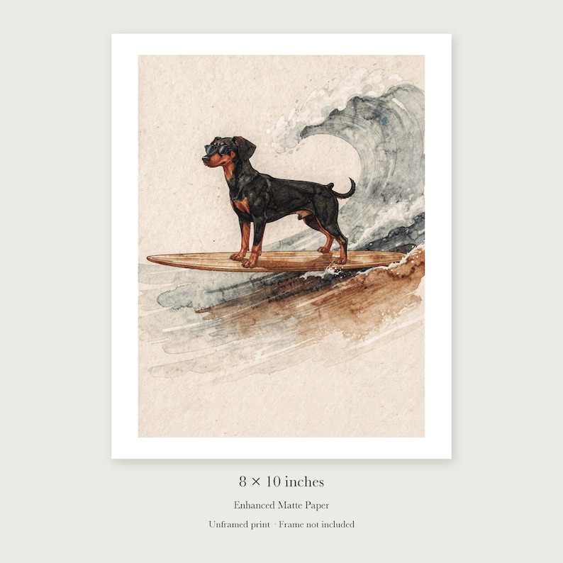 Doberman Surfing unframed 8 by 10 inch print on enhanced matte paper, shown with its white paper border.