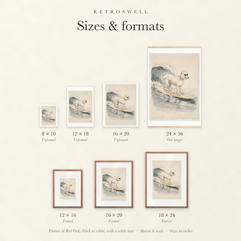 Sizes and formats for Poodle Surfing, shown to scale: unframed prints, oak hanger and framed prints.