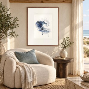 Prussian Blue Wave Watercolor Art Print, Framed or Unframed Coastal Ocean Poster image 3