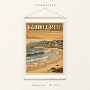 Cardiff Reef Surf oak hanger poster, 24 by 36 inches, with natural wood rails and a hanging cord.