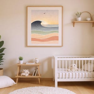 Ocean Waves Nursery Art framed in a beach-style living room setting