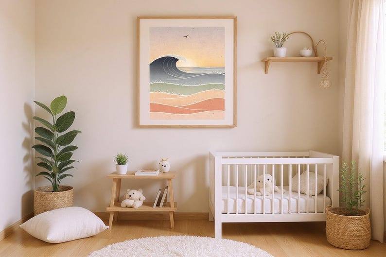 Ocean Waves Nursery Art framed in a beach-style living room setting