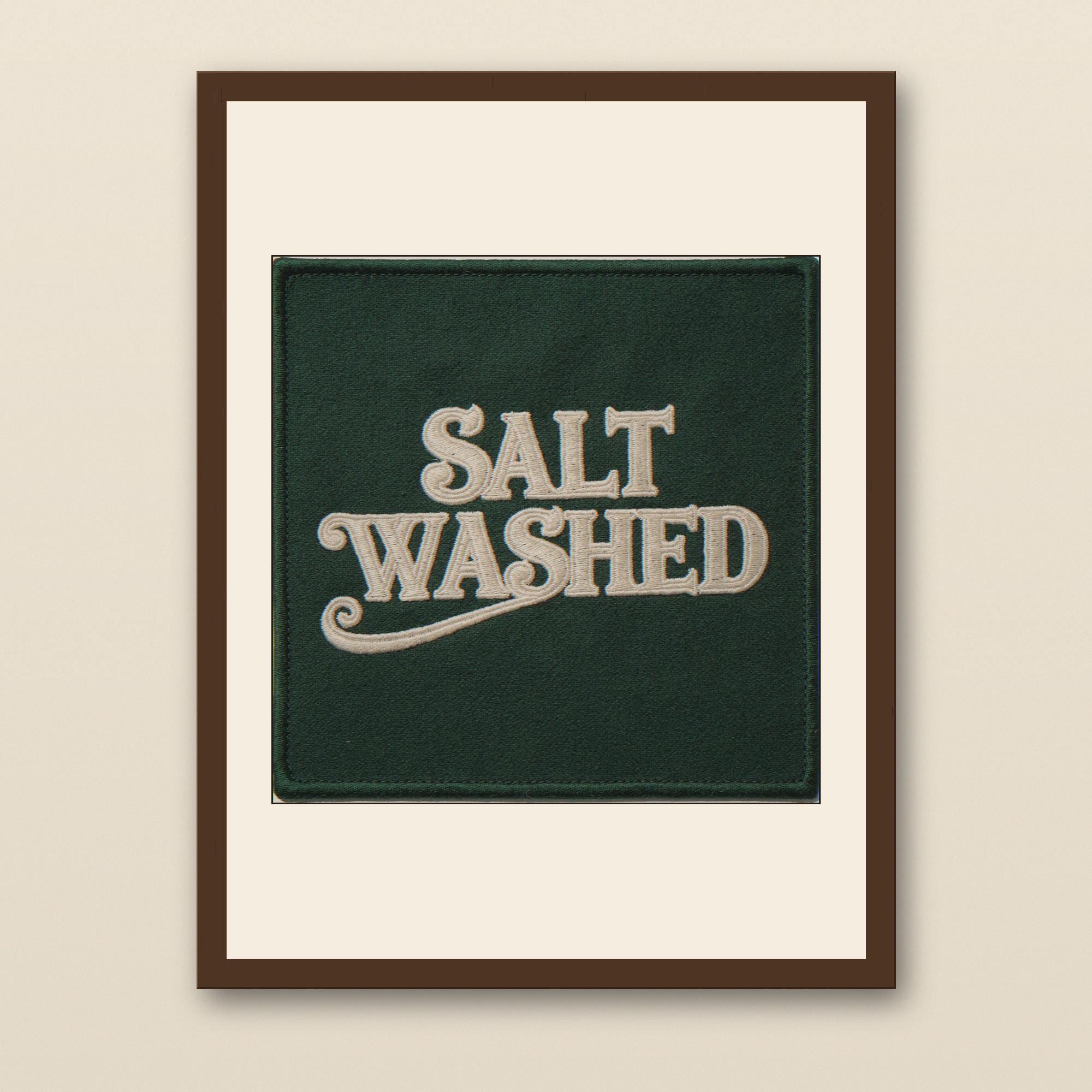 Salt Washed Embroidered Patch Print - walnut framed art print with cream mat on plaster wall
