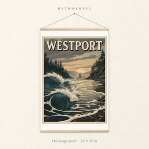 Westport Surf oak hanger poster, 24 by 36 inches, with natural wood rails and a hanging cord.