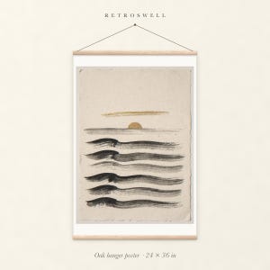 Layered Waves Ink Style oak hanger poster, 24 by 36 inches, with natural wood rails and a hanging cord.