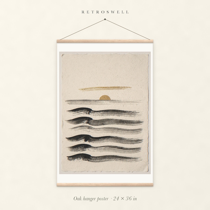 Layered Waves Ink Style oak hanger poster, 24 by 36 inches, with natural wood rails and a hanging cord.