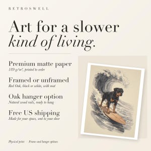 RetroSwell print details for Rottweiler Surfing: premium 189 g/m² matte paper, framed or unframed, oak hanger option, free US shipping.