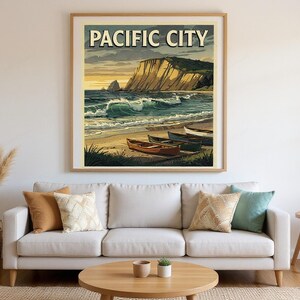 Pacific City Oregon Surf Poster framed in a beach-style living room setting