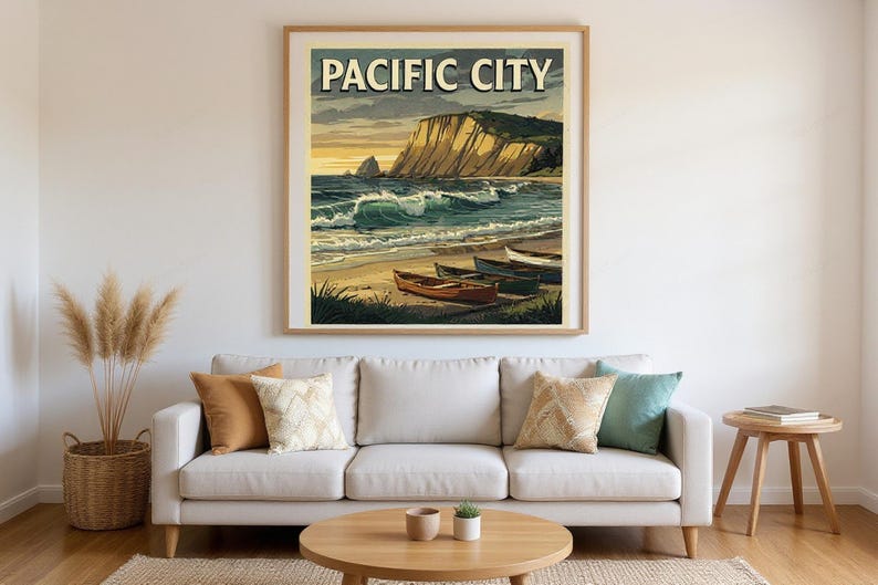 Pacific City Oregon Surf Poster framed in a beach-style living room setting
