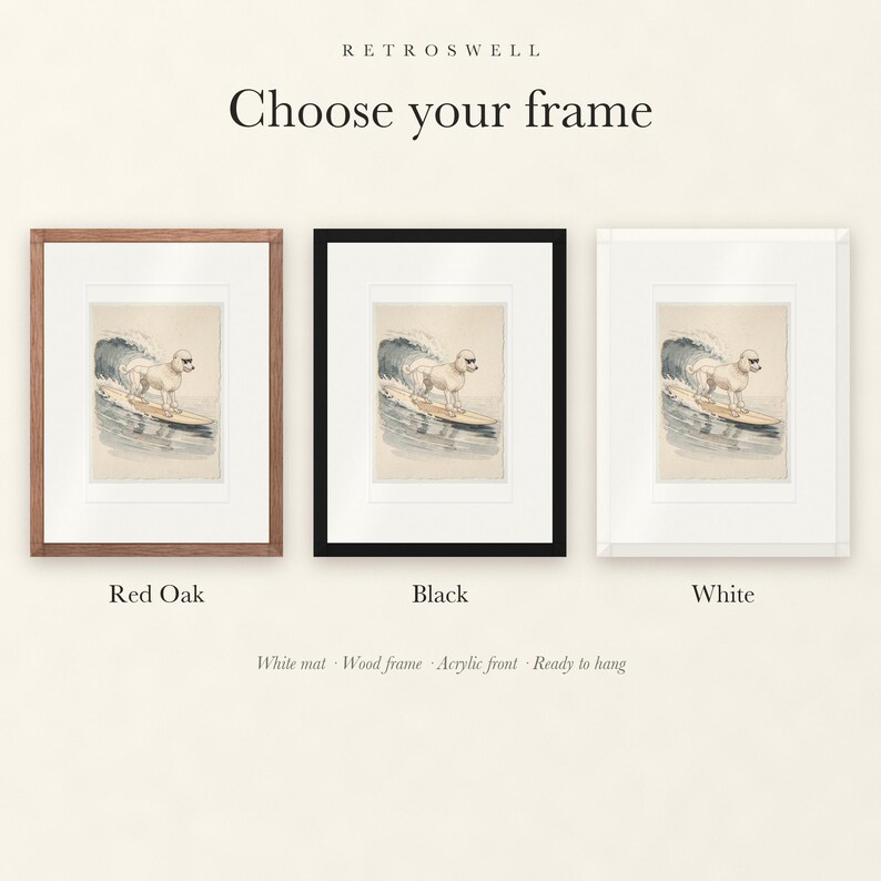 Frame options for Poodle Surfing: Red Oak, black and white wood frames, each with a white mat.