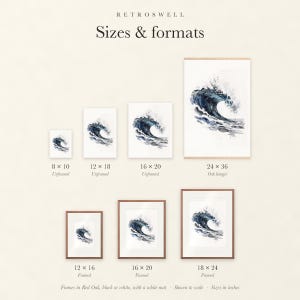 Sizes and formats for Indigo Barrel Wave Watercolor, shown to scale: unframed prints, oak hanger and framed prints.
