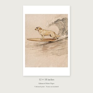 Yellow Labrador Surfing unframed 12 by 18 inch print on enhanced matte paper, shown with its white paper border.