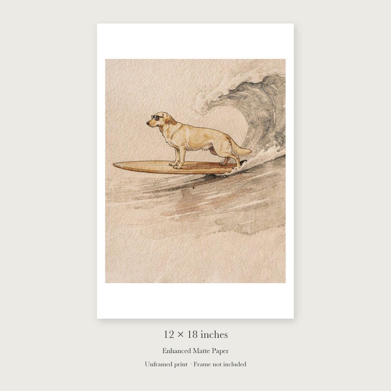 Yellow Labrador Surfing unframed 12 by 18 inch print on enhanced matte paper, shown with its white paper border.