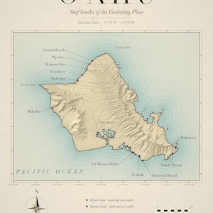 Oʻahu Surf Map, full artwork: vintage-style chart of the surf breaks with compass rose and scale.