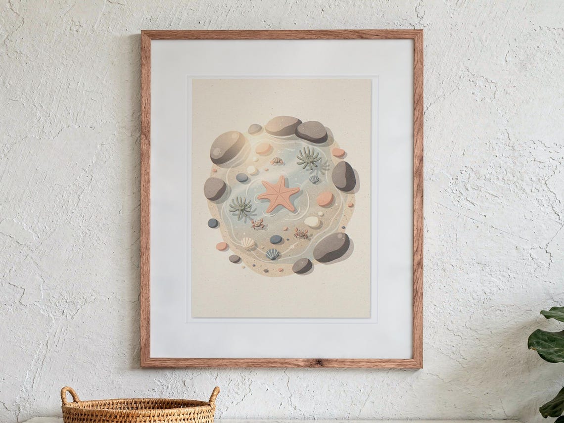 Tide Pool Nursery print in a Red Oak frame with a white mat, hanging above the console in a sunroom.