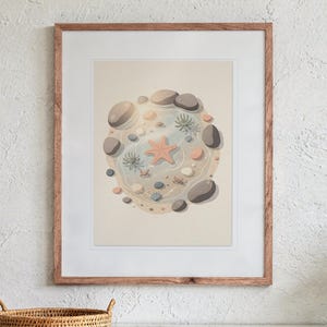Tide Pool Nursery print in a Red Oak frame with a white mat, hanging above the console in a sunroom.