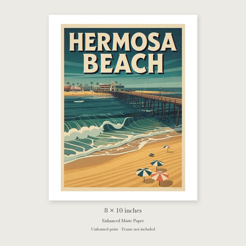 Hermosa Beach Surf unframed 8 by 10 inch print on enhanced matte paper, shown with its white paper border.