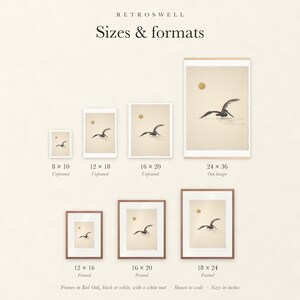Sizes and formats for Flying Pelican Ink Style, shown to scale: unframed prints, oak hanger and framed prints.