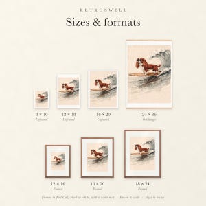 Sizes and formats for Cavalier King Charles Spaniel Surfing, shown to scale: unframed prints, oak hanger and framed prints.