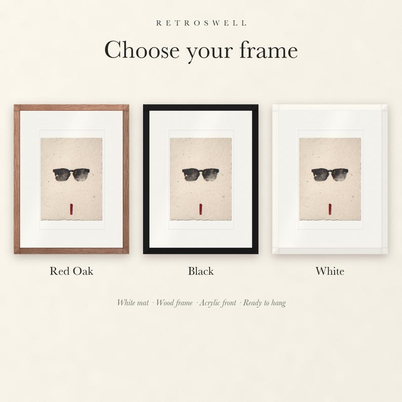 Frame options for Sunglasses Ink Style: Red Oak, black and white wood frames, each with a white mat.