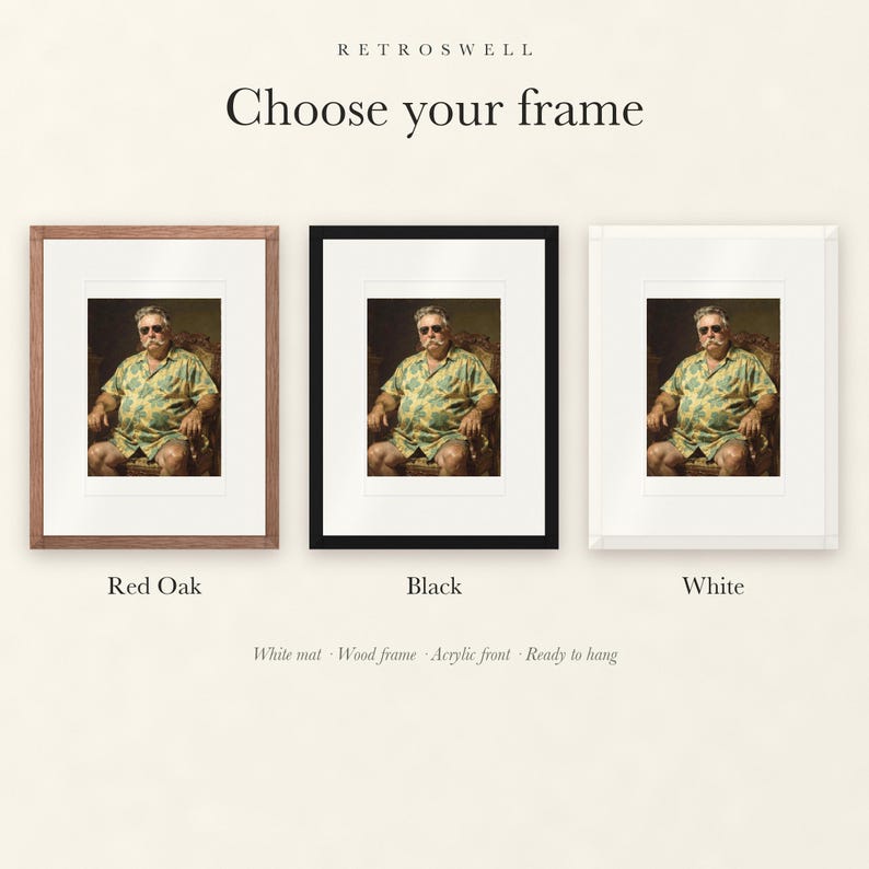 Frame options for William Howard Taft Surfer: Red Oak, black and white wood frames, each with a white mat.