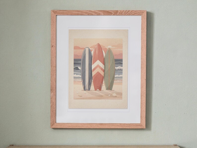 Surfboard Collection Nursery print in a Red Oak frame with a white mat, hanging above the bookshelf in a nursery.