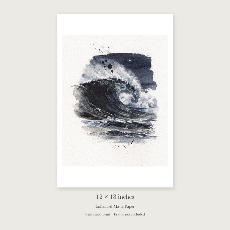 Moonlit Wave Watercolor unframed 12 by 18 inch print on enhanced matte paper, shown with its white paper border.
