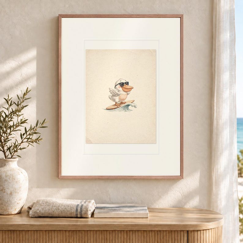 Pelican Surfing Art Print, Framed or Unframed Coastal Nursery Poster image 12