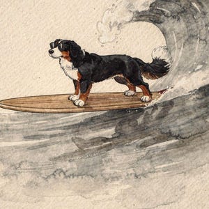 Bernese Mountain Dog Surfing Print | Watercolor Dog Wall Art | Coastal Beach Decor | Printable Download | Berner Gift image 2