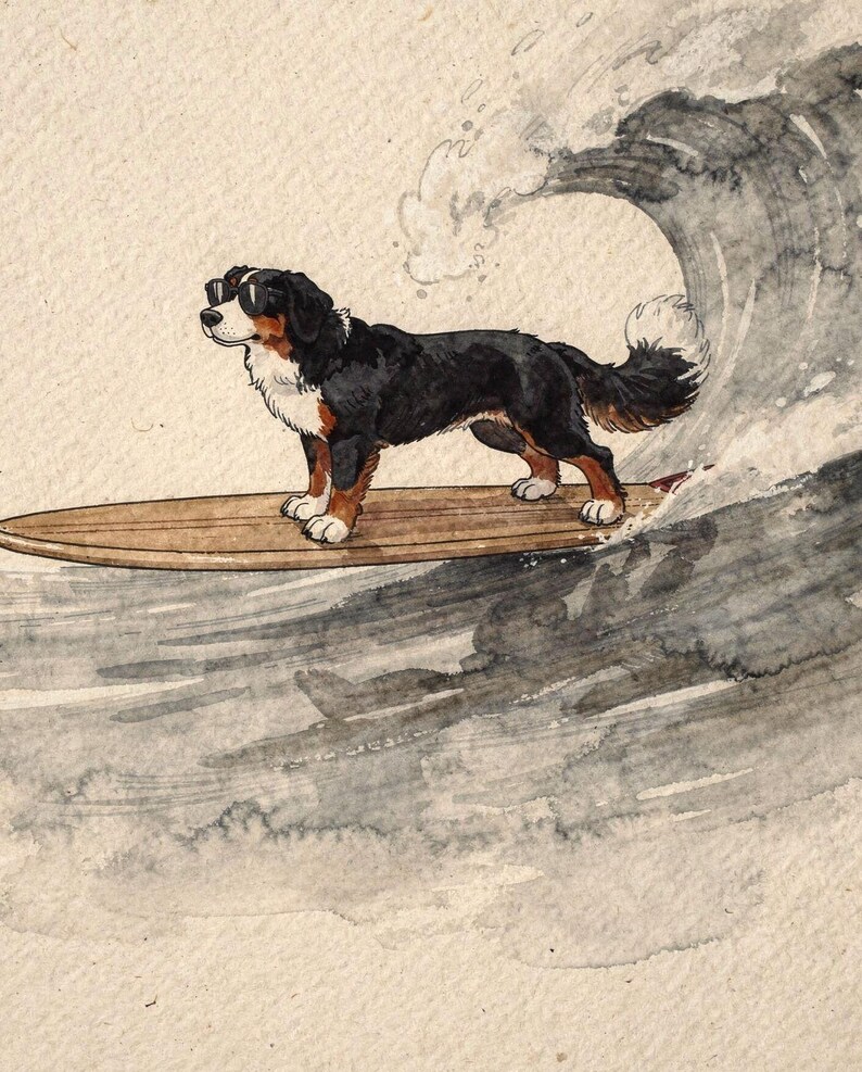 Bernese Mountain Dog Surfing Print | Watercolor Dog Wall Art | Coastal Beach Decor | Printable Download | Berner Gift image 2