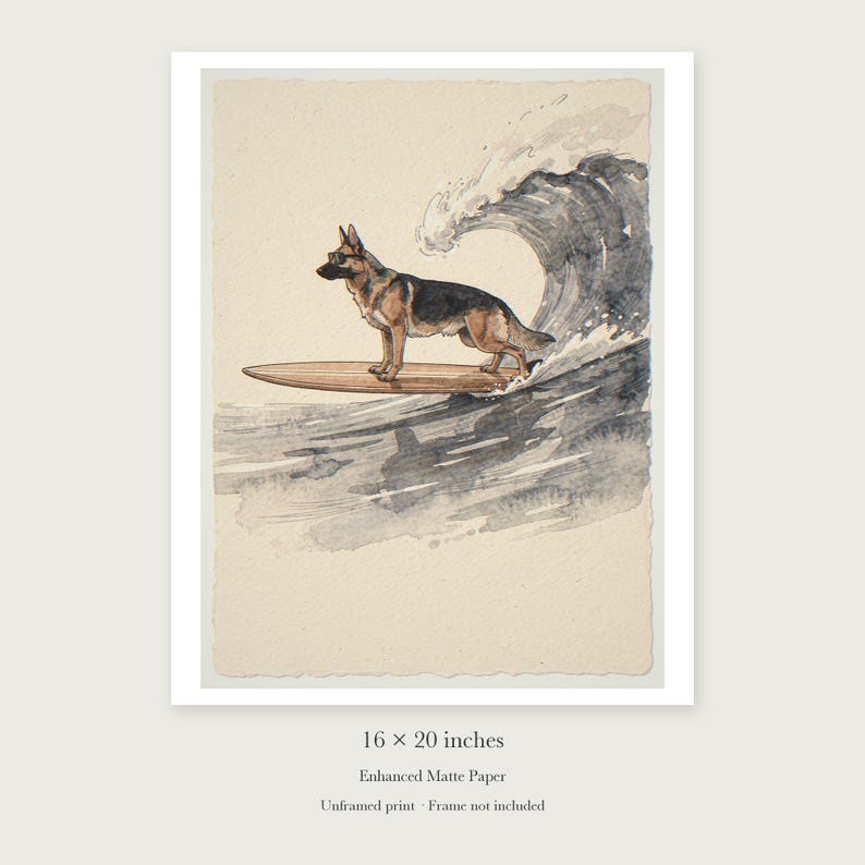 German Shepherd Surfing unframed 16 by 20 inch print on enhanced matte paper, shown with its white paper border.
