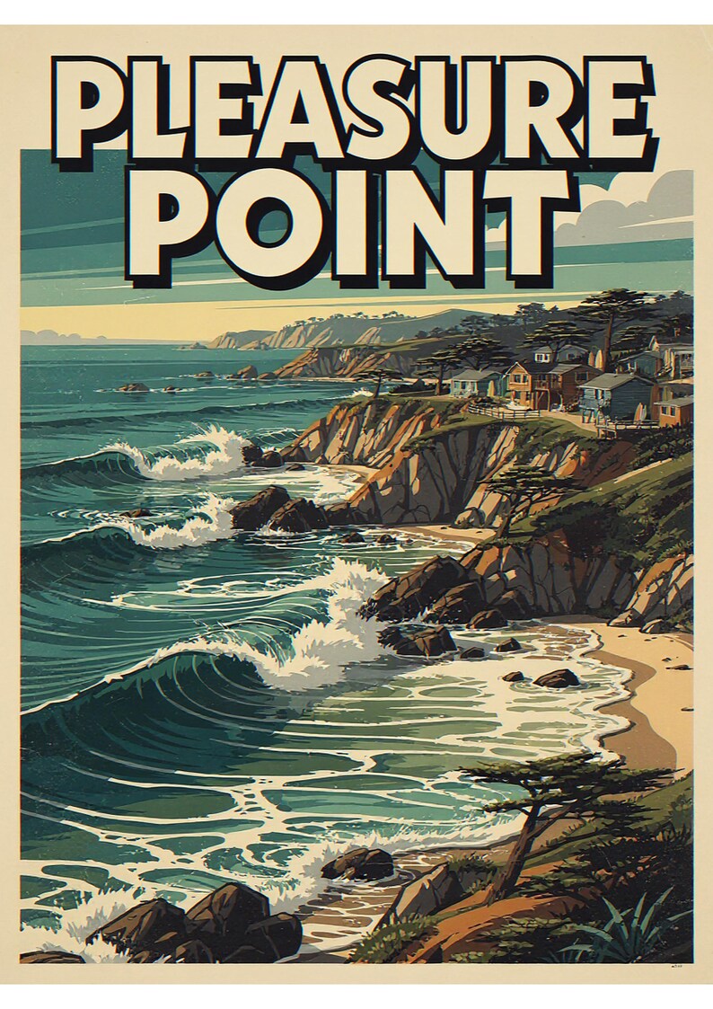 Pleasure Point coastal scene unframed printed artwork and full composition with its paper border.