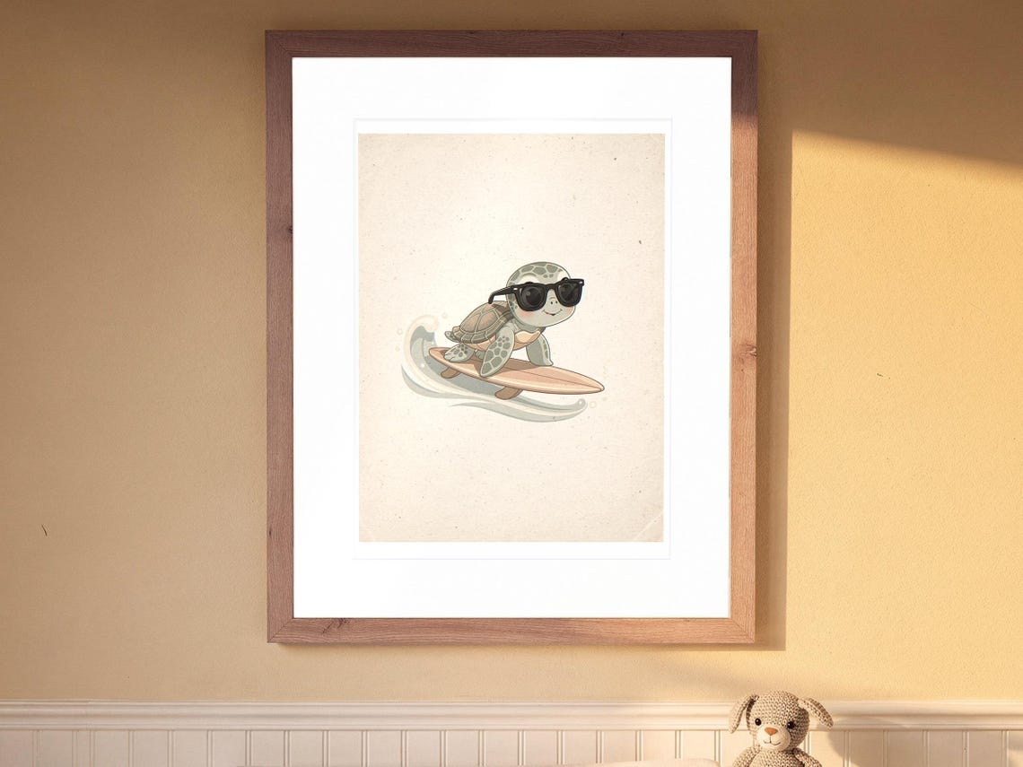 Surfing Sea Turtle print in a Red Oak frame with a white mat, hanging above the dresser in a nursery.