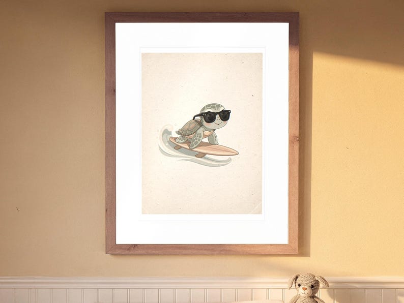 Surfing Sea Turtle print in a Red Oak frame with a white mat, hanging above the dresser in a nursery.