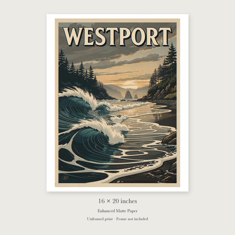 Westport Surf unframed 16 by 20 inch print on enhanced matte paper, shown with its white paper border.