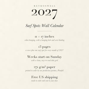 2027 Surf Spots calendar details: 11 by 17 inches, 13 pages, Sunday start, 271 g/m² paper, free US shipping.