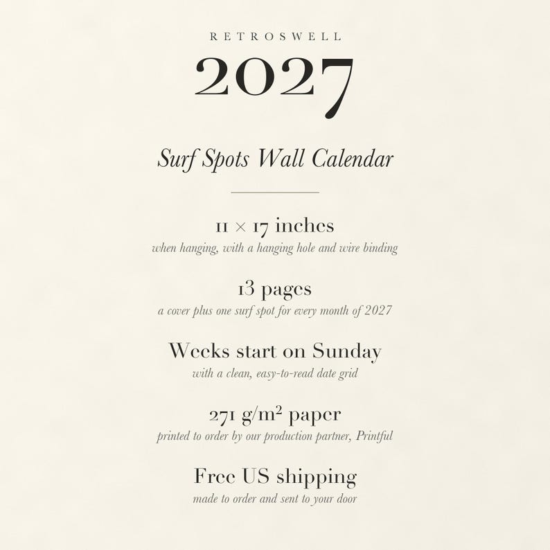 2027 Surf Spots calendar details: 11 by 17 inches, 13 pages, Sunday start, 271 g/m² paper, free US shipping.