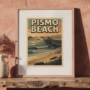 Pismo Beach Surf Travel Poster print in a Red Oak frame with a white mat, leaning on the bench against the wall in a boho living room.