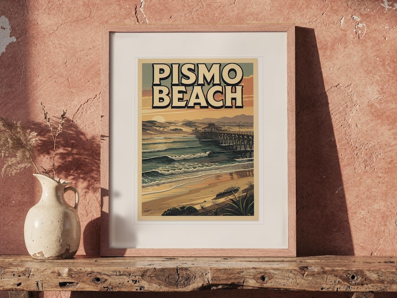 Pismo Beach Surf Travel Poster print in a Red Oak frame with a white mat, leaning on the bench against the wall in a boho living room.