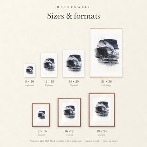 Sizes and formats for Moonlit Wave Watercolor, shown to scale: unframed prints, oak hanger and framed prints.