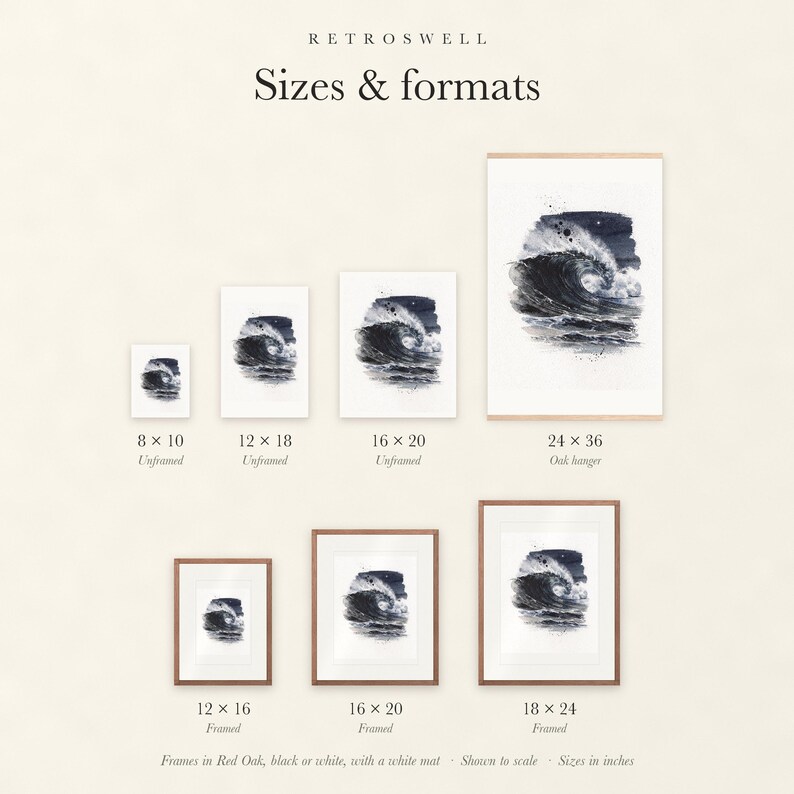 Sizes and formats for Moonlit Wave Watercolor, shown to scale: unframed prints, oak hanger and framed prints.