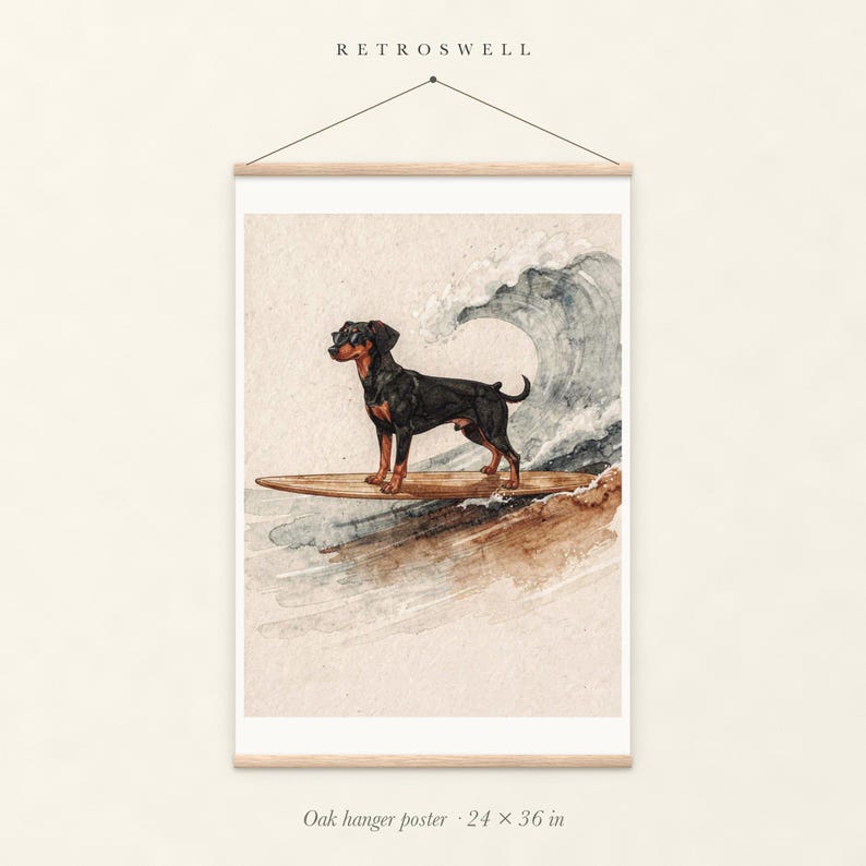 Doberman Surfing oak hanger poster, 24 by 36 inches, with natural wood rails and a hanging cord.