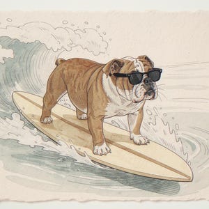 Bulldog Surfing Print framed in a coastal dining room setting