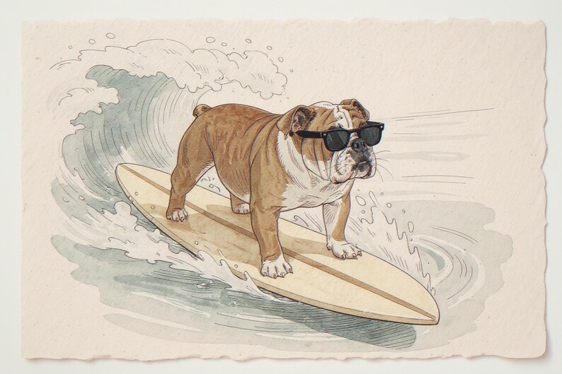 Bulldog Surfing Print framed in a coastal dining room setting